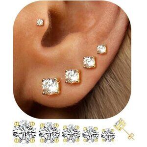 Gold Cubic Zirconia Stud Earrings Set Hypoallergenic Multiple Piercing Pack
